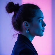 Abstract, faceless avatar of a team member in a sleek, digital style, with neon accents
