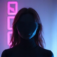Abstract, faceless avatar of a team member in a sleek, digital style, with neon accents