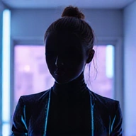 Abstract, faceless avatar of a team member in a sleek, digital style, with neon accents