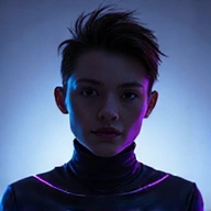 Abstract, faceless avatar of a team member in a sleek, digital style, with neon accents