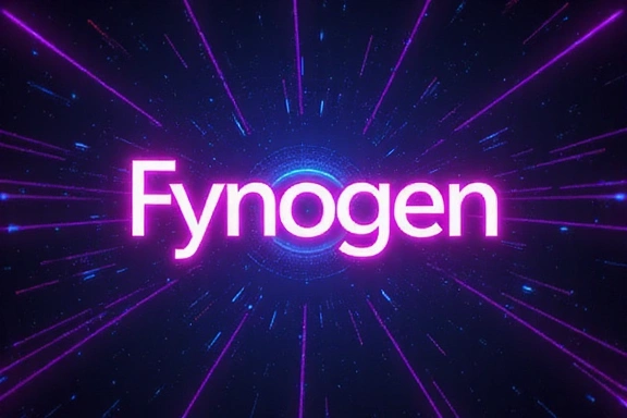 Abstract digital Fynogen logo glowing on a dark background