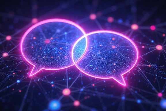 Abstract digital speech bubbles and network lines, no text.