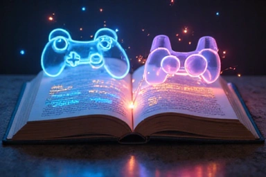Open digital book with abstract gaming elements, no text.