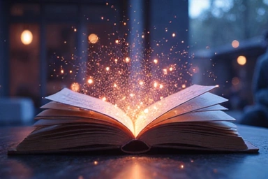 Open digital book with abstract gaming elements, no text.