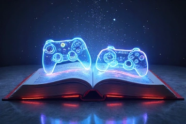 Open digital book with abstract gaming elements, no text.