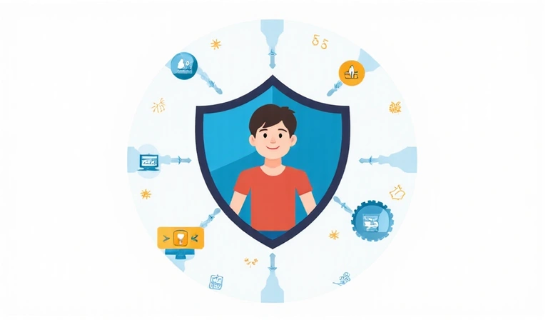 A stylized illustration of a shield protecting a child figure, representing children's online privacy and safety.