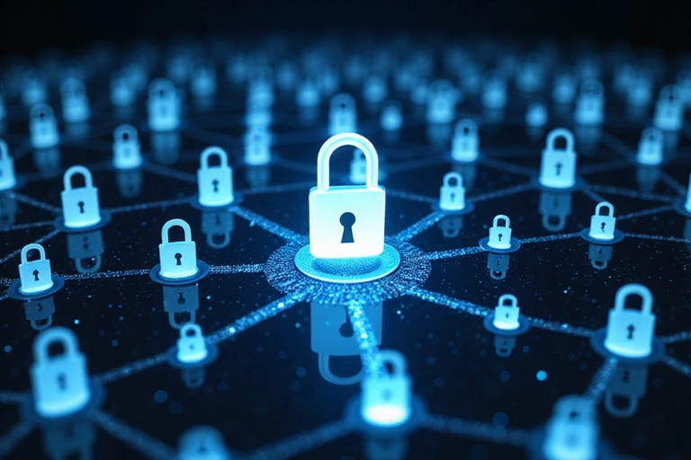 A padlock icon superimposed on a network of connected devices, symbolizing robust data security and encryption for online gaming platforms.