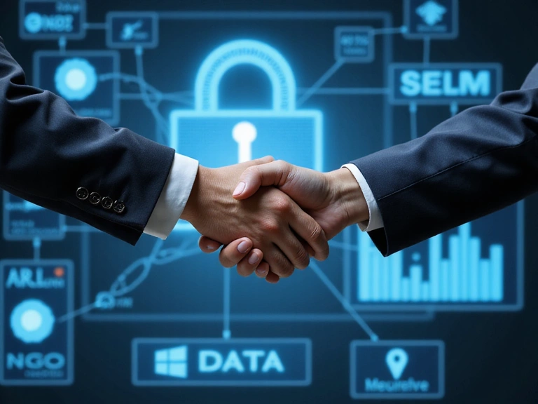 Two people shaking hands, representing data sharing and partnerships, with a secure digital interface in the background.