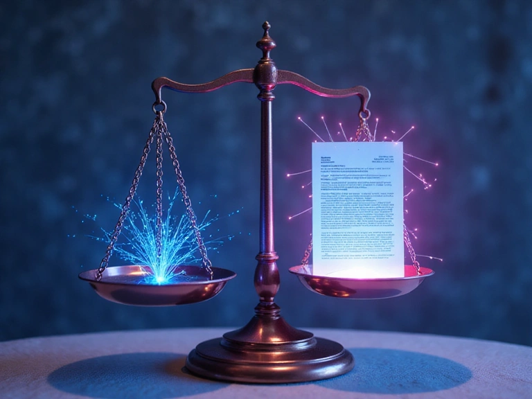 Abstract depiction of legal scales balancing digital data, symbolizing governing law and dispute resolution