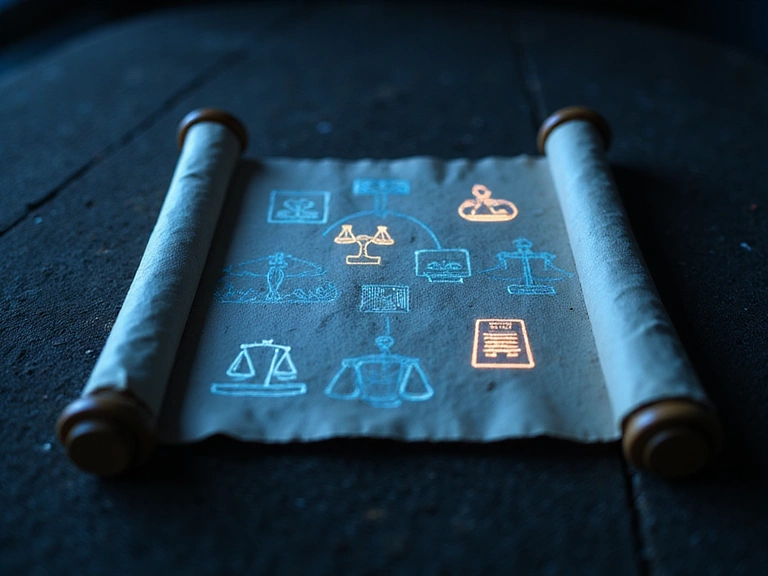 Abstract digital scroll with legal symbols representing terms of service