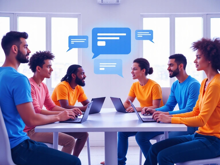 Digital illustration of diverse gamers collaborating respectfully, with communication bubbles showing positive messages