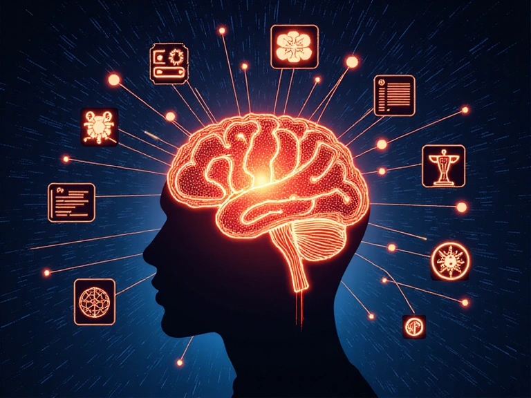 Stylized illustration of a glowing brain connected to various digital assets, representing intellectual property